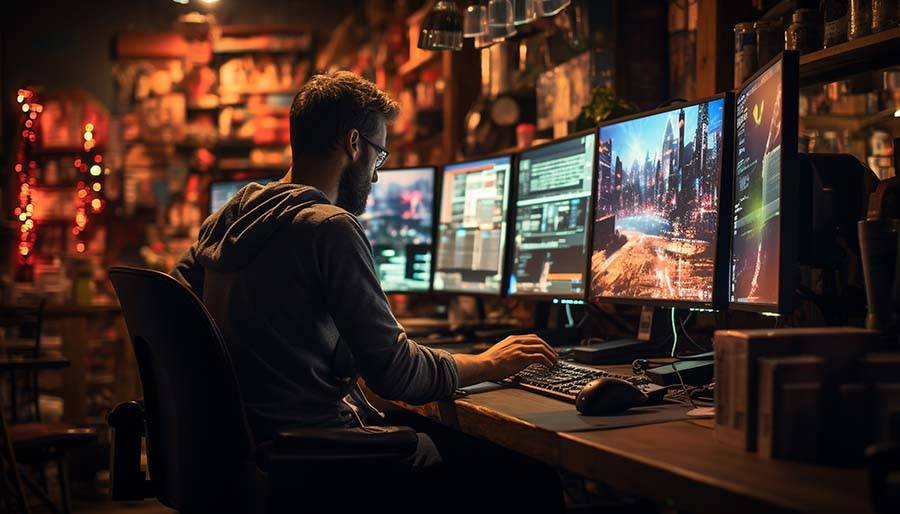 hombre trabajando con computadoras